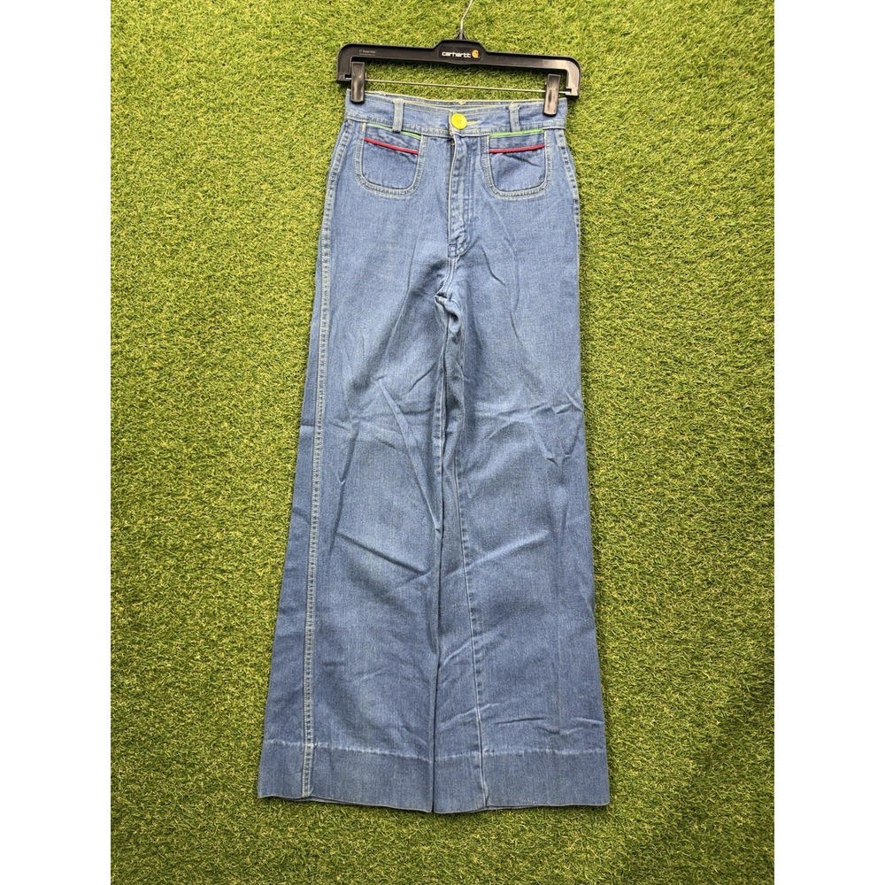 Vintage Wrangler Bell Bottom Jeans Womens 24x30 Pink Stripe Pockets Boho Stretch